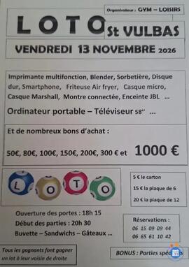 Image LOTO DU VENDREDI 13 NOVEMBRE - GYM LOISIRS ST VULBAS (photo 1)