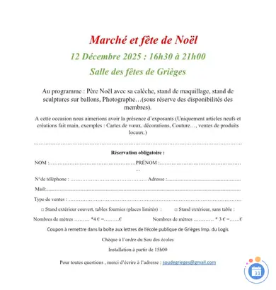 Affiche Marché Noël du Sou des écoles de Grièges