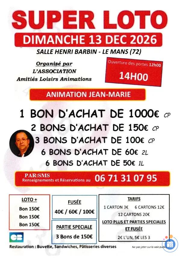 Image SUPER LOTO DIMANCHE 13 DECEMBRE 2026 ANIMATION JEAN MARIE (photo 1)
