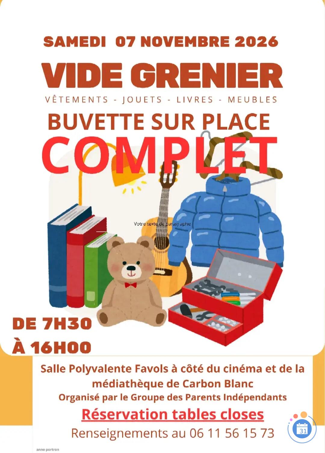 Image VIDE GRENIER DU GROUPE DES PARENTS INDÉPENDANTS DE CARBON BLANC (photo 1)
