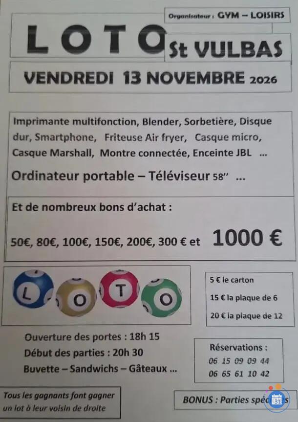 Image LOTO DU VENDREDI 13 NOVEMBRE - GYM LOISIRS ST VULBAS (photo 1)