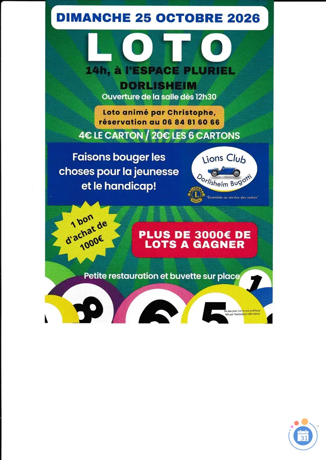 Image LOTO LIONS CLUB DORLISHEIM BUGATTI ANIME PAR CHRISTOPHE (photo 1)