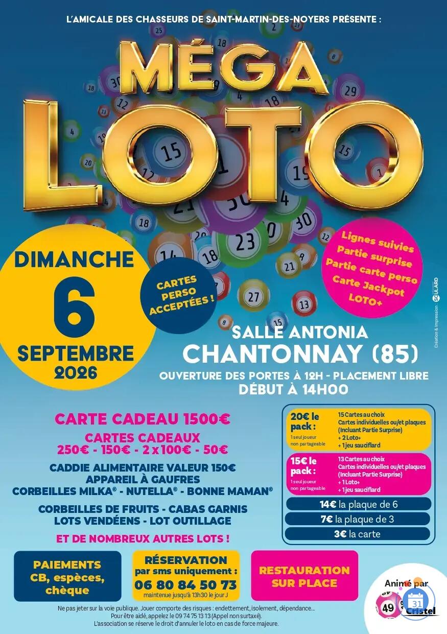 Image MÉGA LOTO / Par l'AMICALE DES CHASSEURS ST MARTIN DES NOYERS / Animation Cristel (photo 1)
