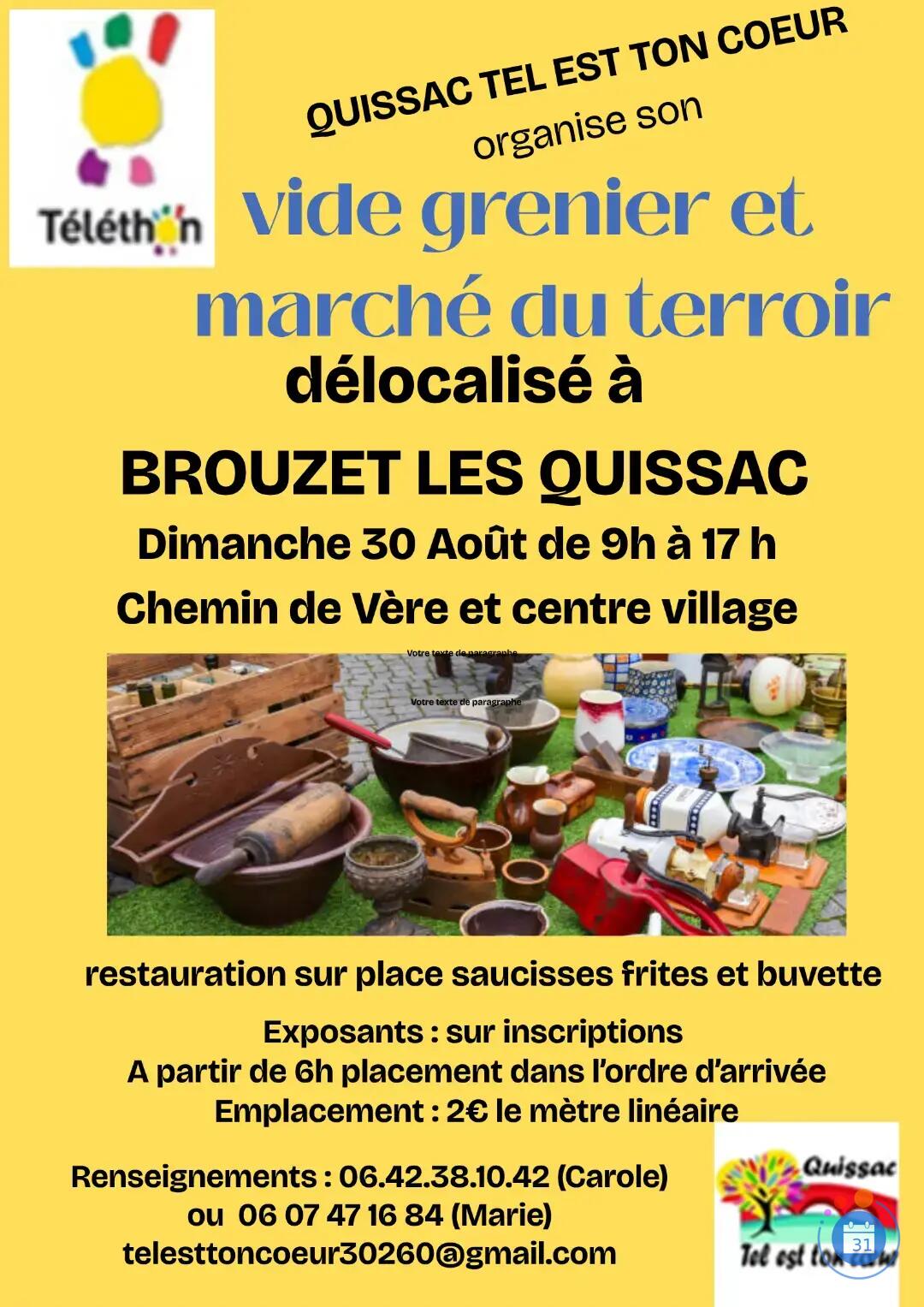 Image VIDE GRENIER/MARCHE TERROIR TELETHON délocalisé à BROUZET LES QUISSAC (photo 1)