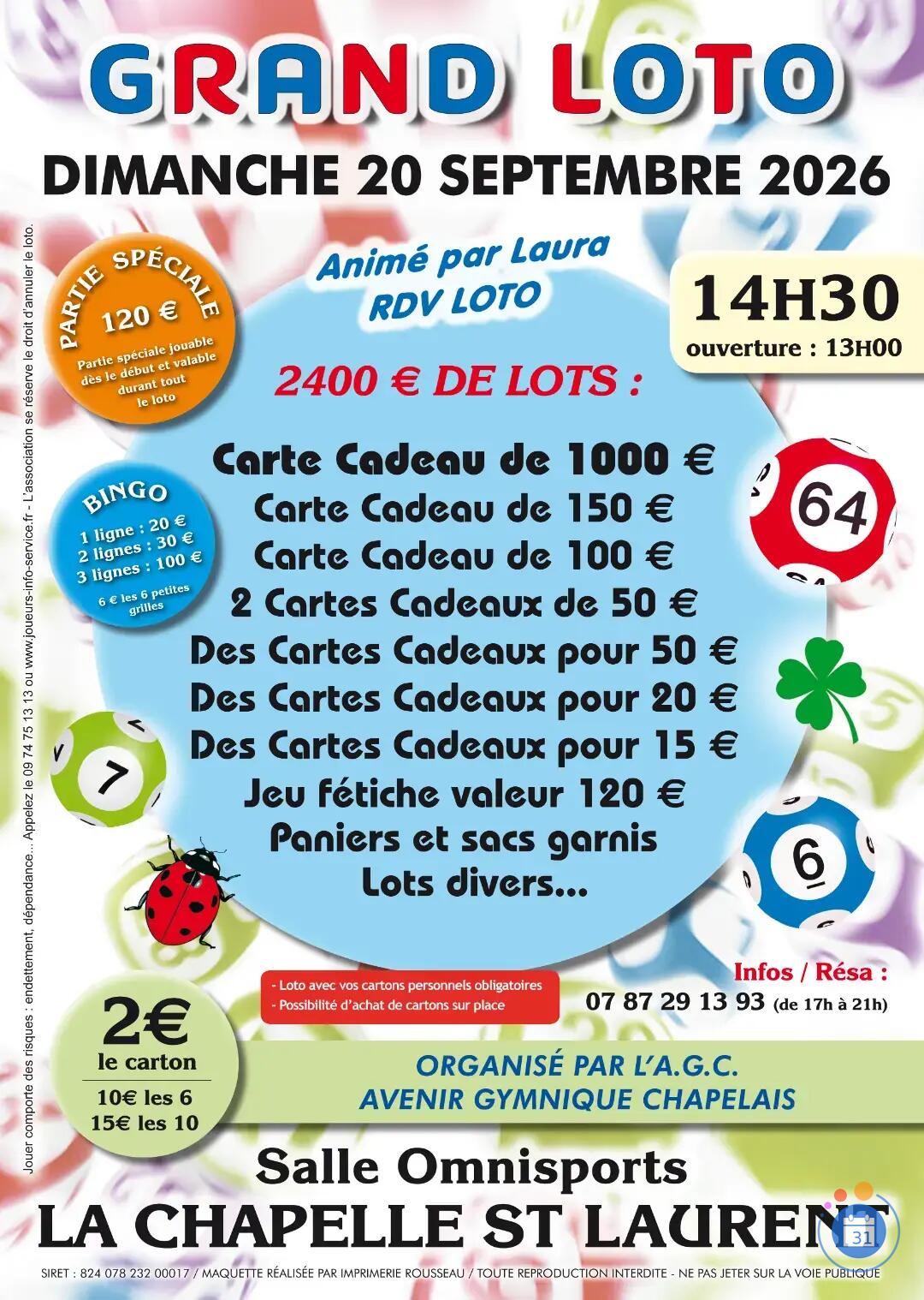 Image GRAND LOTO ANIME PAR LAURA RDV LOTO A LA CHAPELLE SAINT LAURENT (photo 1)