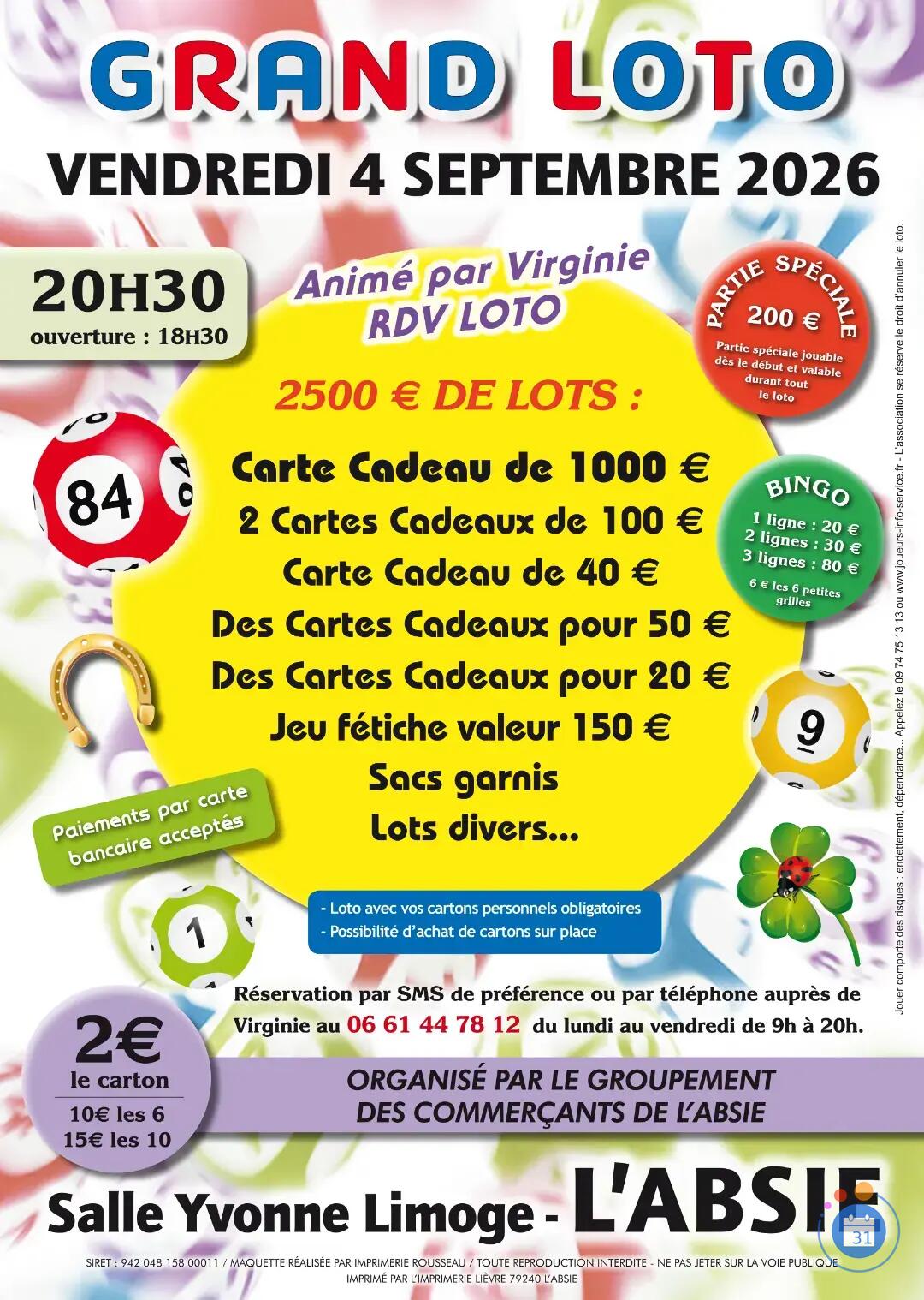 Image GRAND LOTO ANIME PAR VIRGINIE RDV LOTO A L ABSIE (photo 1)