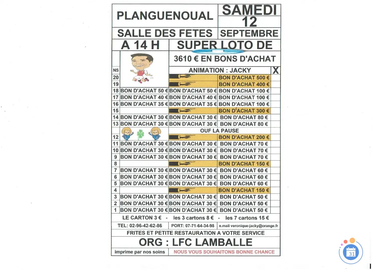 Image SUPER LOTO DE LFC DE LAMBALLE A PLANGUENOUAL ANIME PAR JACKY (photo 1)
