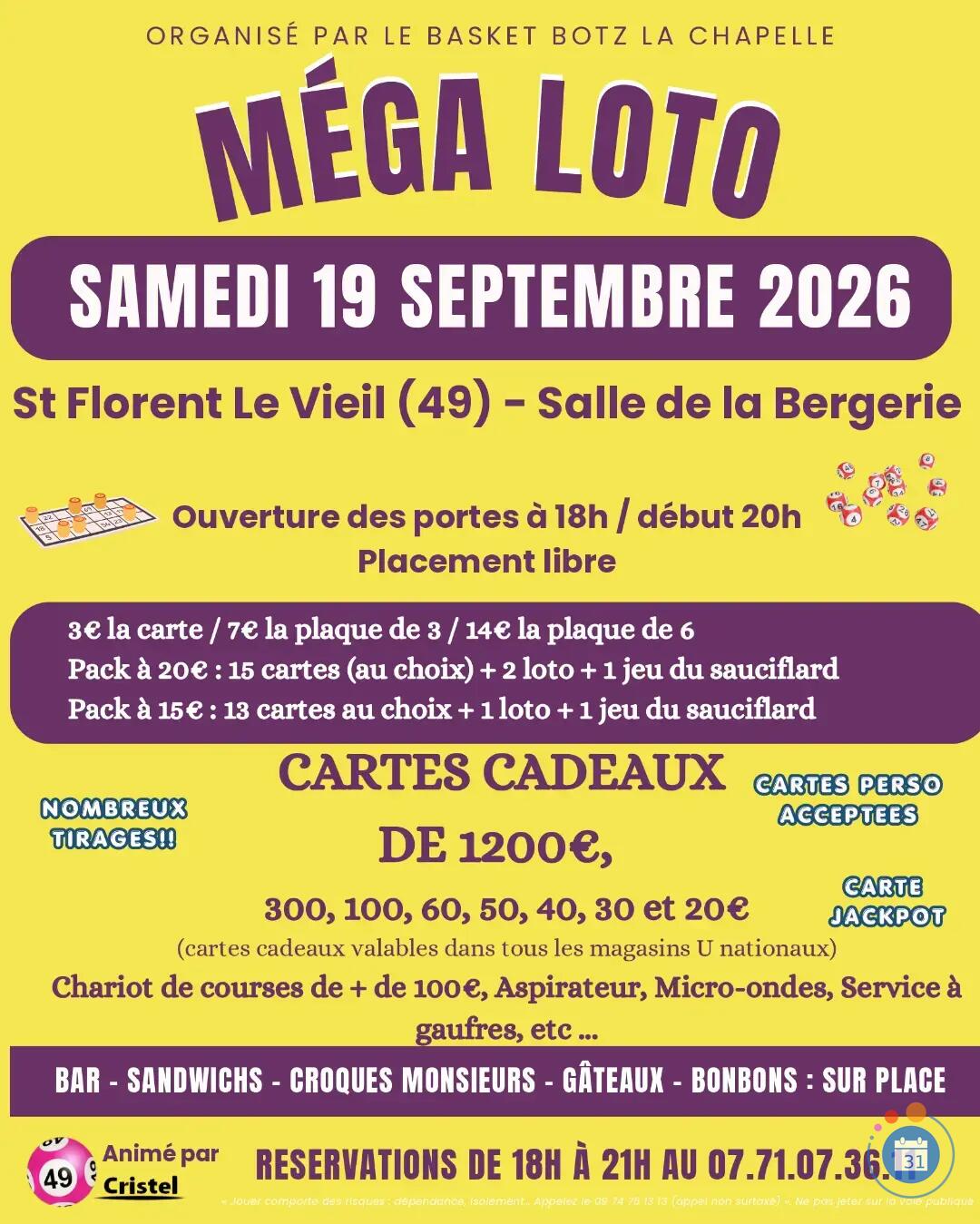 Image MÉGA LOTO A ST FLORENT LE VIEIL/ ASS.BASKET BOTZ LA CHAPELLE/ ANIMATION CRISTEL (photo 1)