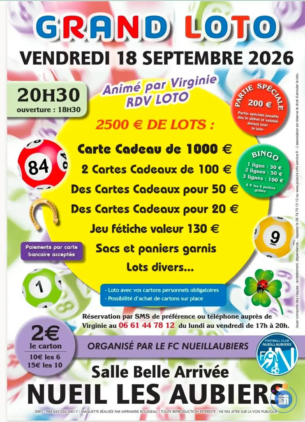 Image GRAND LOTO ANIME PAR VIRGINIE RDV LOTO A NUIEL LES AUBIERS (photo 1)