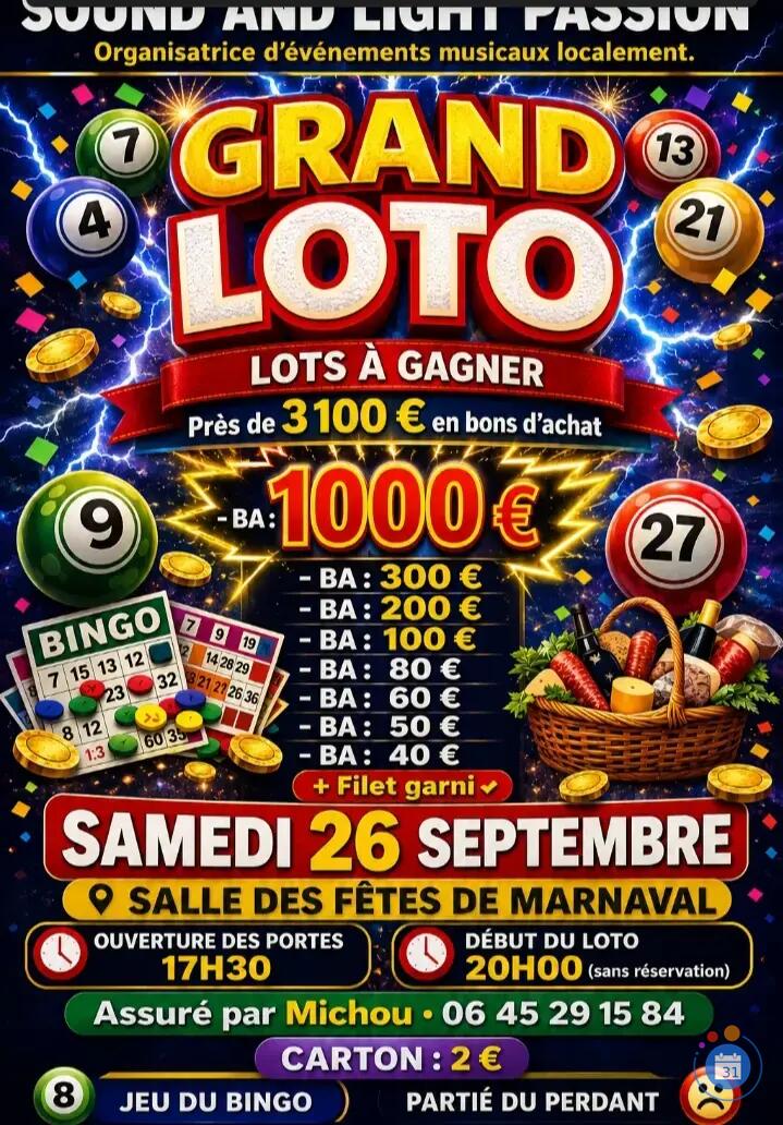 Image 3300€. Super Loto salle des fêtes de MARNAVAL. 1 er PRIX 1000€. BA Leclerc. (photo 1)