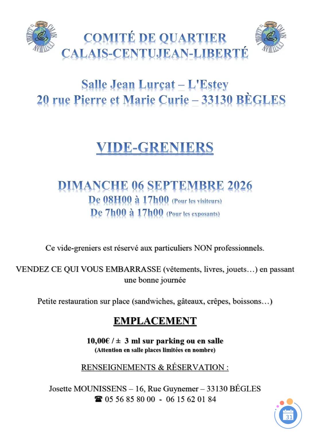 Image Vide-greniers du Quartier CALAIS-CENTUJEAN-LIBERTE (photo 1)