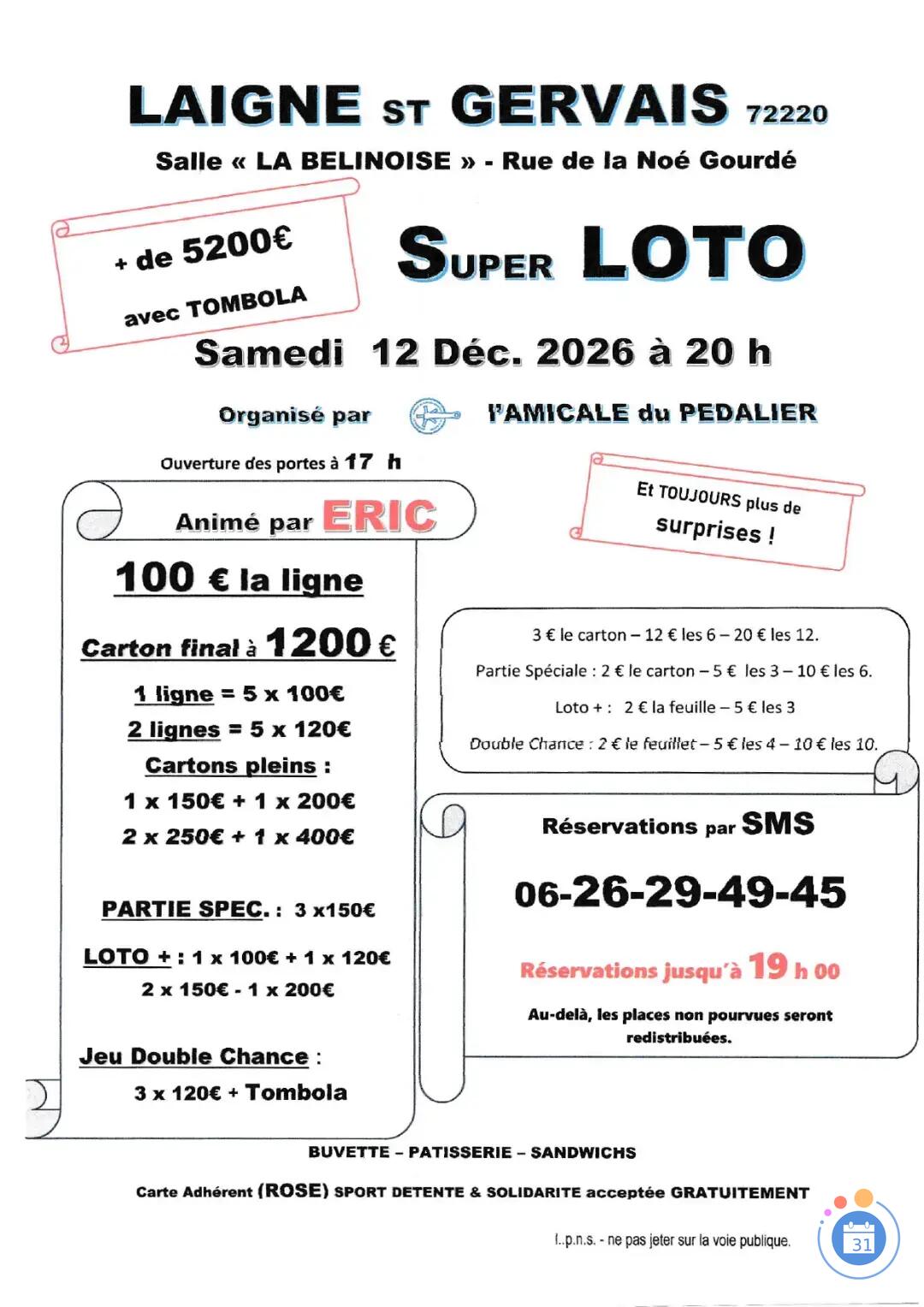 Flyer Super loto organisé par l'Amicale du Pédalier