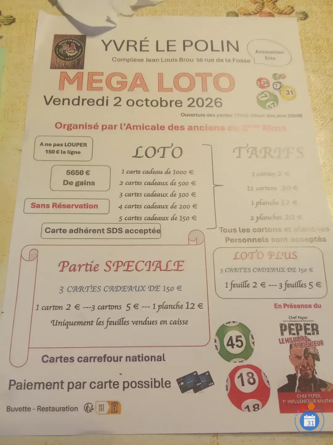 Image MEGA LOTO org l'amicale des anciens du 2EME Rima ani ERIC (photo 1)