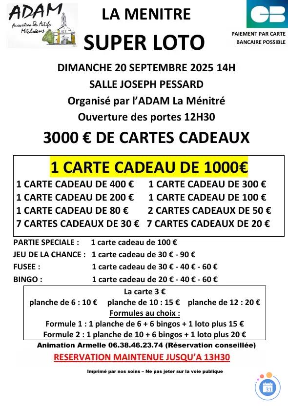 Image SUPER LOTO ORGANISE PAR L'ADAM LA MENITRE (photo 1)