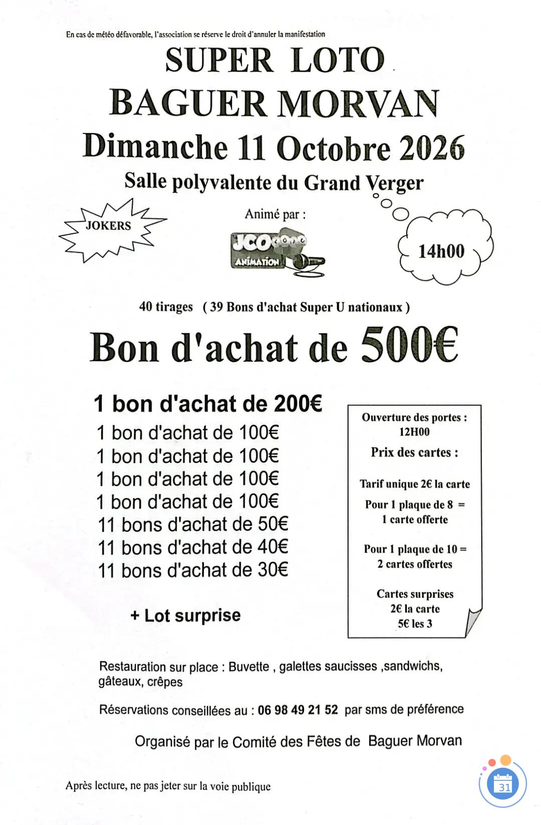 Flyer Super loto Comité des Fêtes de Baguer avec JCO
