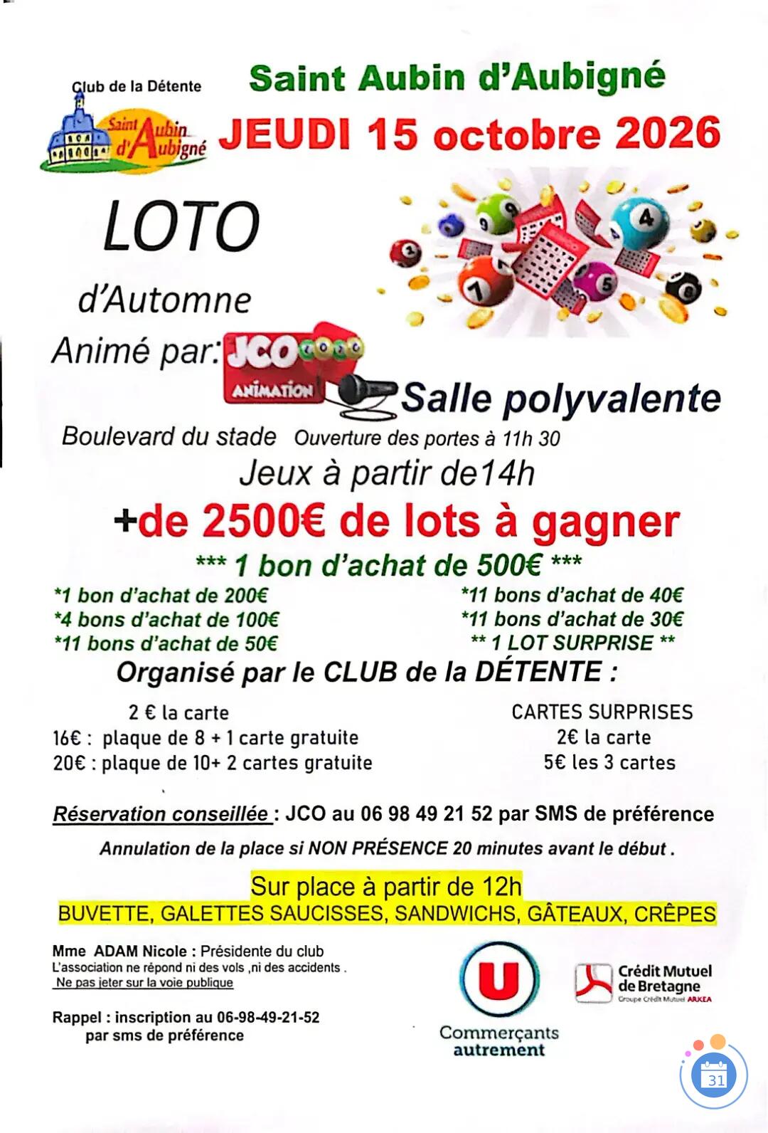 Flyer Super loto Club de la Détente St Aubin avec JCO