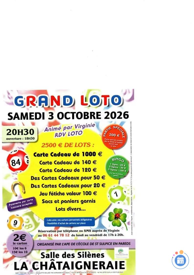 Image GRAND LOTO ANIMÉ PAR VIRGINIE RDV LOTO A LA CHATAIGNERAIE (photo 1)