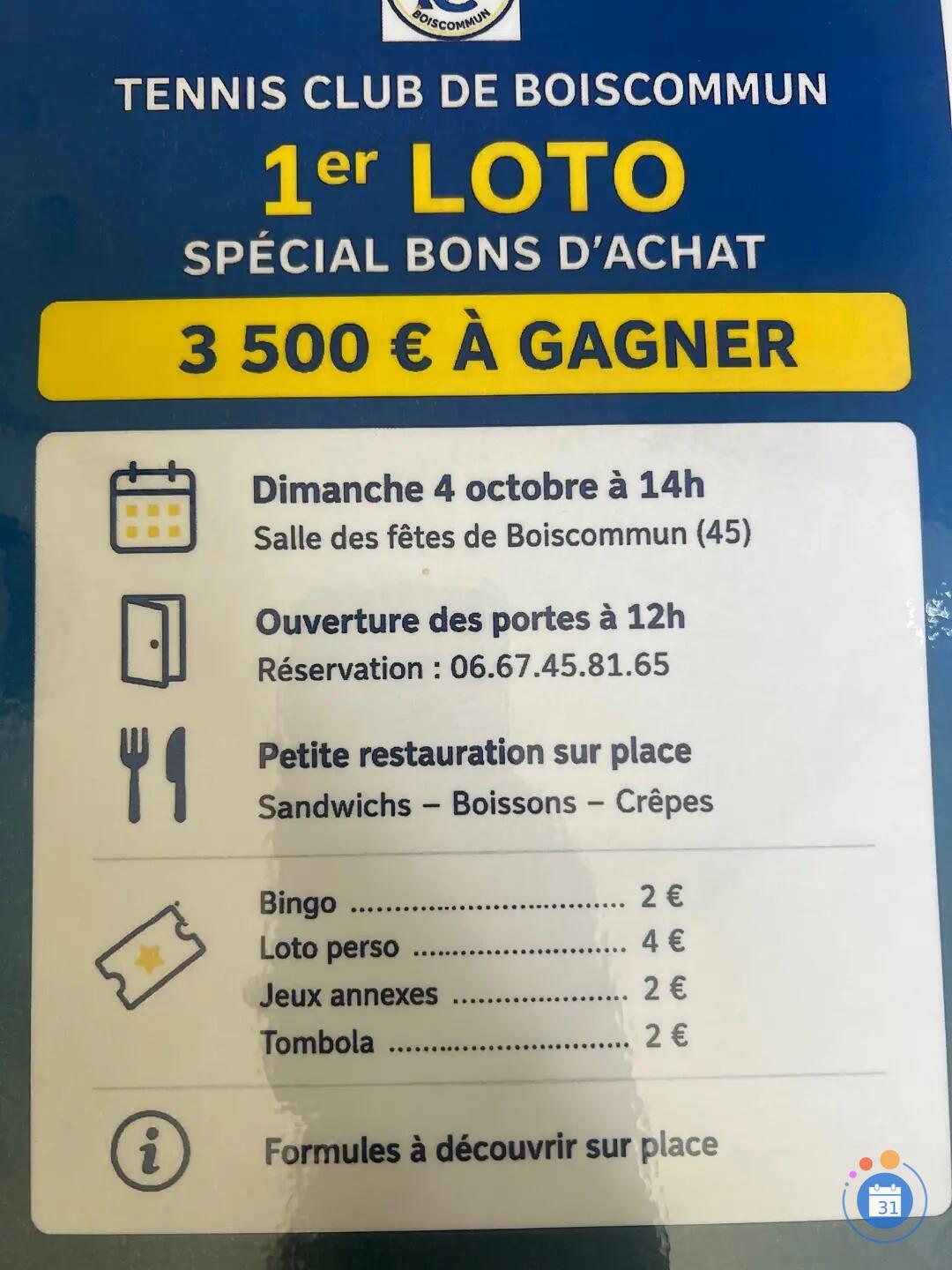 Image 1er loto du Tennis Club de Boiscommun spécial bons d’achats (photo 1)