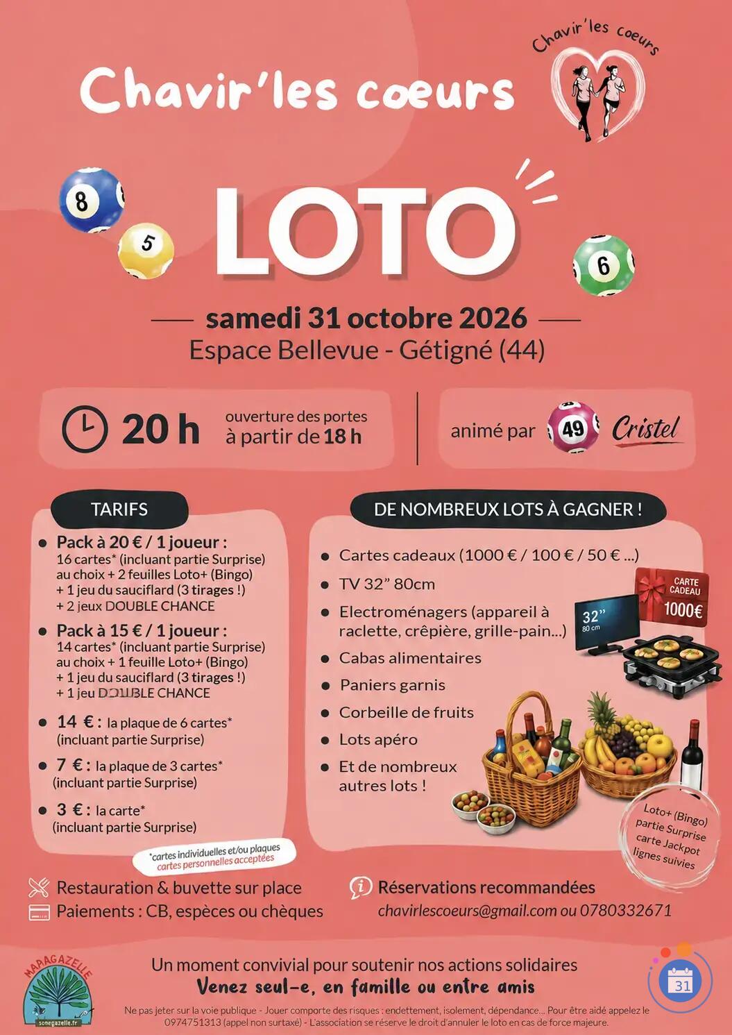Flyer Méga loto / association chavir'les coeurs / animation "cristel" / nouveaux packs