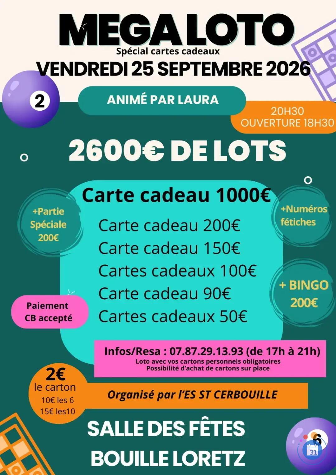 Image MÉGA LOTO ANIMÉ PAR LAURA RDV LOTO A BOUILLE-LORETZ (photo 1)