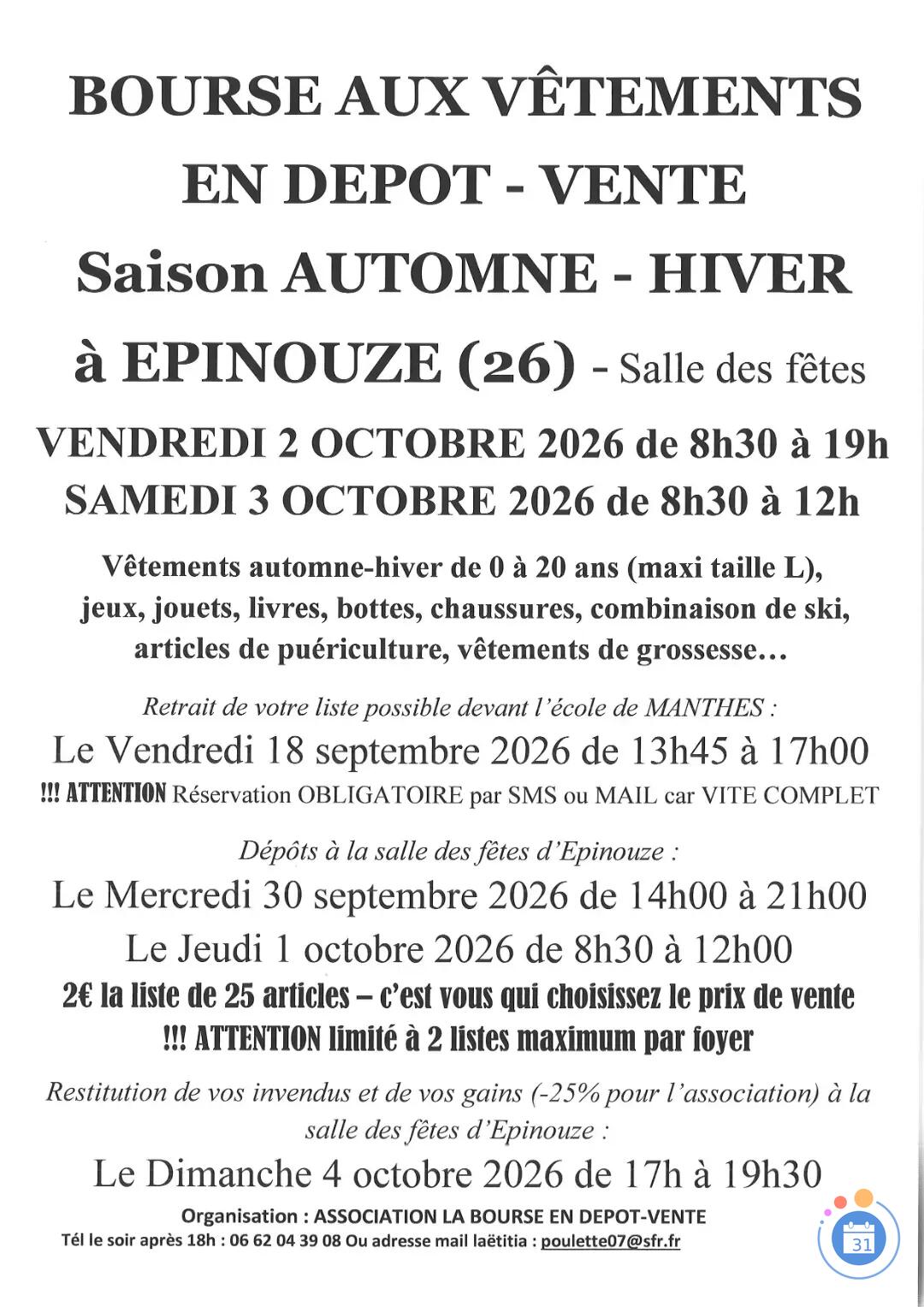 Image BOURSE AUX VÊTEMENTS EN DEPOT – VENTE Saison AUTOMNE - HIVER (photo 1)