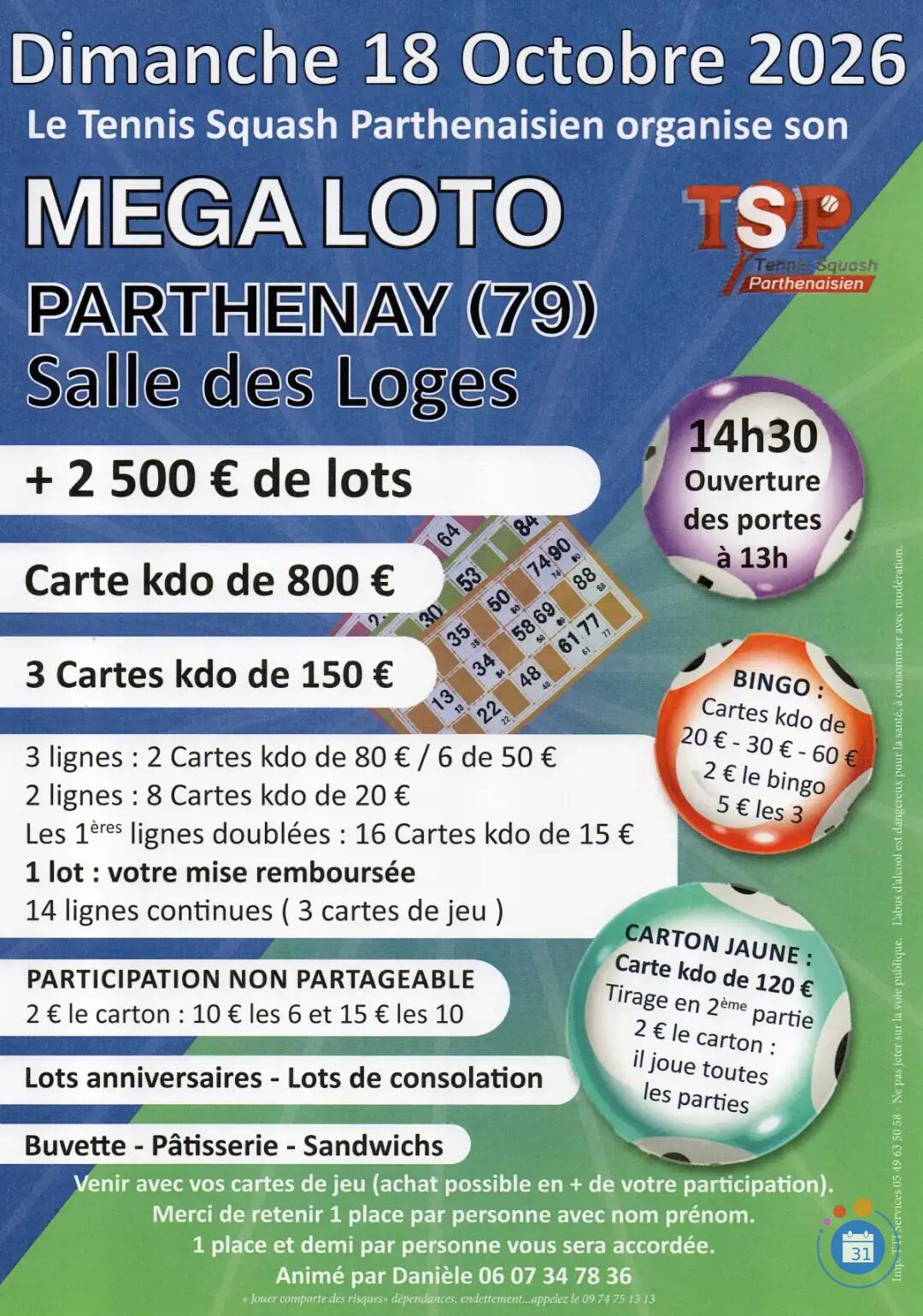 Flyer Méga loto Tennis Squash Parthenaisien