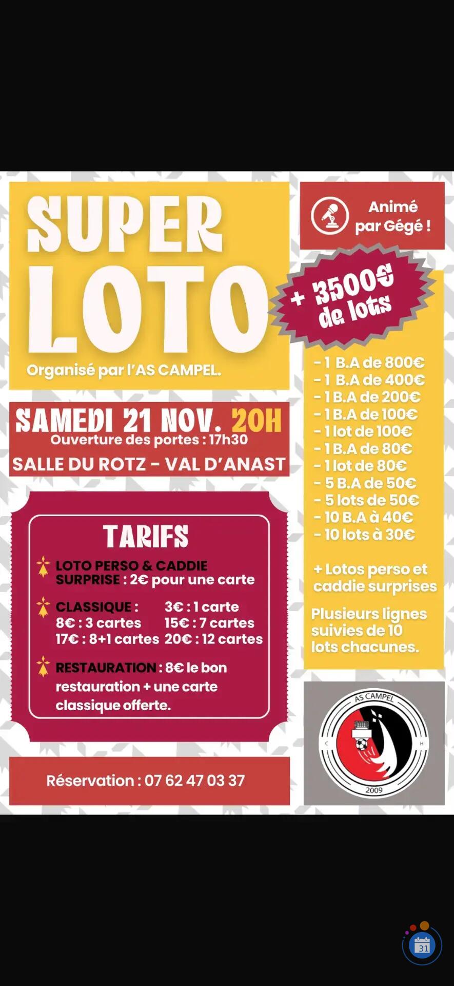 Flyer Super loto de l'A.S. FOOT Campel Anim Gégé loto