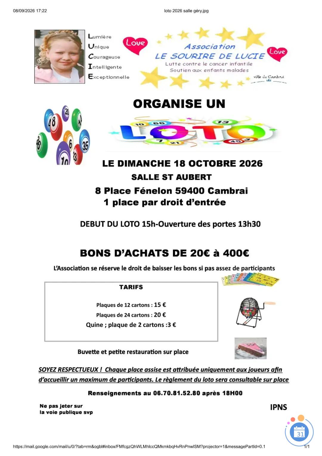 Image LOTO ASSOCIATION LE SOURIRE DE LUCIE (photo 1)