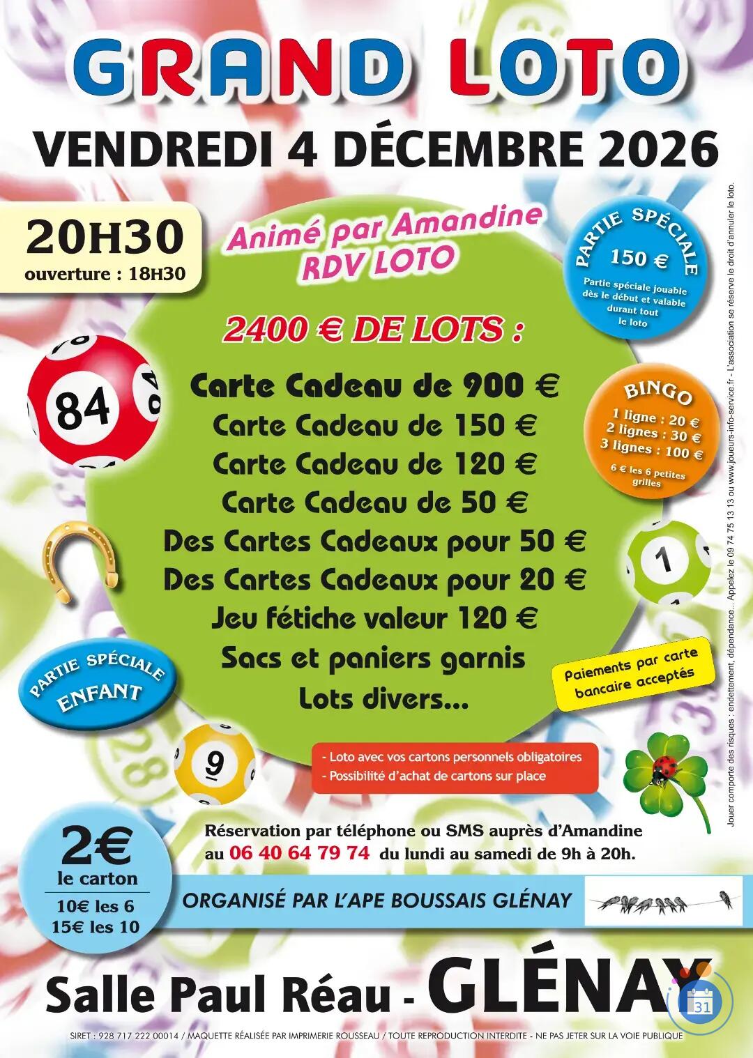 Flyer Grand loto animé par amandine rdv loto a glenay