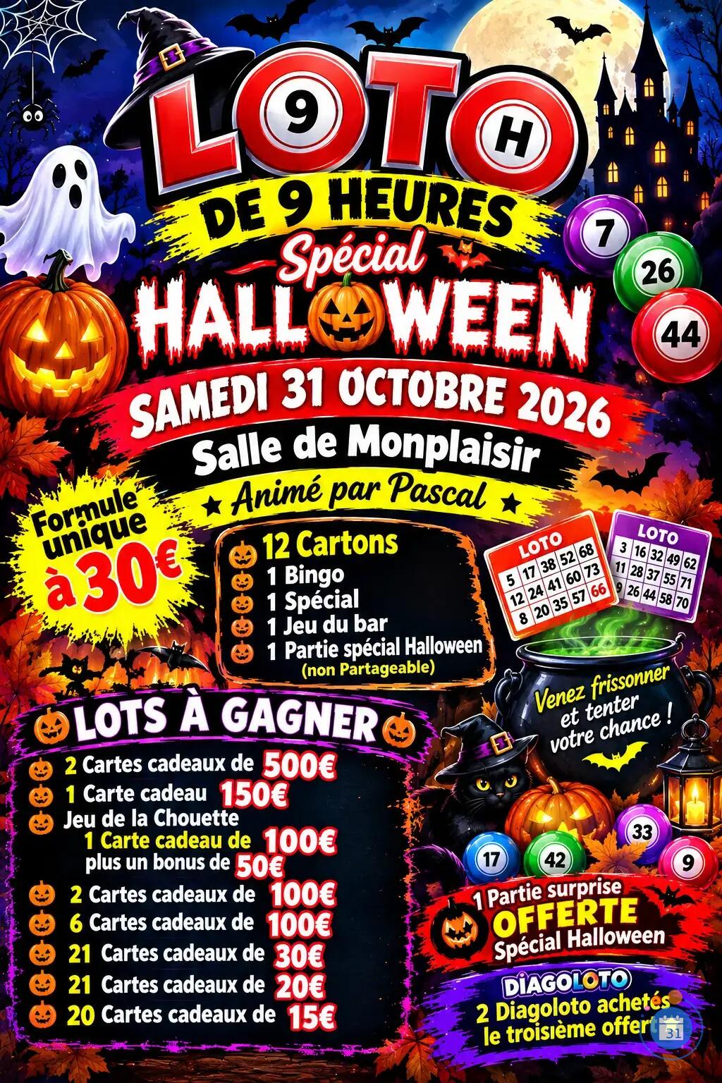 Flyer double Loto D'halloween de 9h Salle de Monplaisir