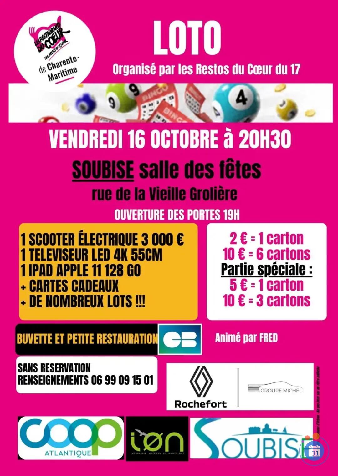Flyer Méga loto des resto du cœur animé par Fred