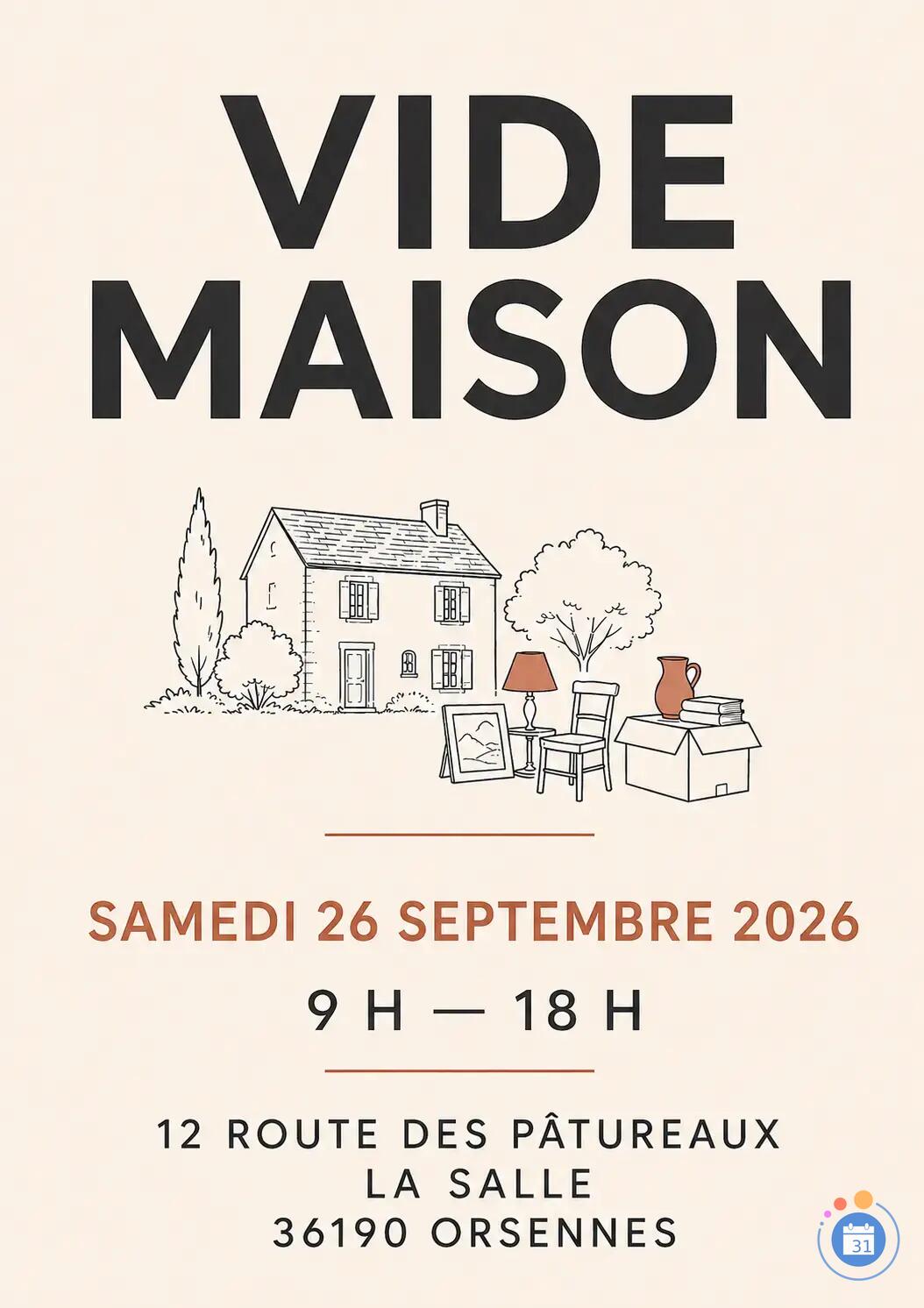 Image Vide maison - Orsenne - Samedi 26 septembre 2026 (photo 1)