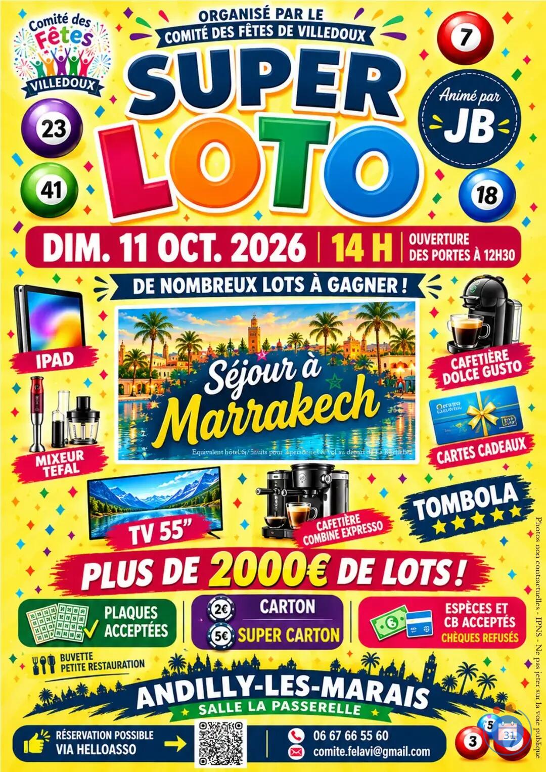 Flyer SUPER LOTO COMITE DES FETES DE VILLEDOUX animé par JB
