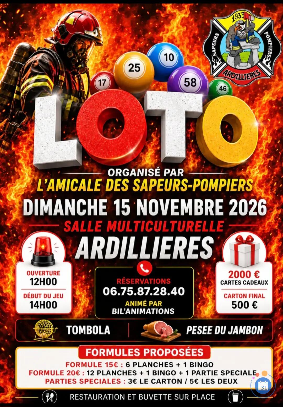 Flyer Loto des sapeurs pompiers d'ardillieres