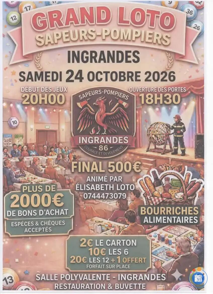 Flyer LOTO Sapeurs Pompier d'Ingrandes animé par Elisabeth Loto