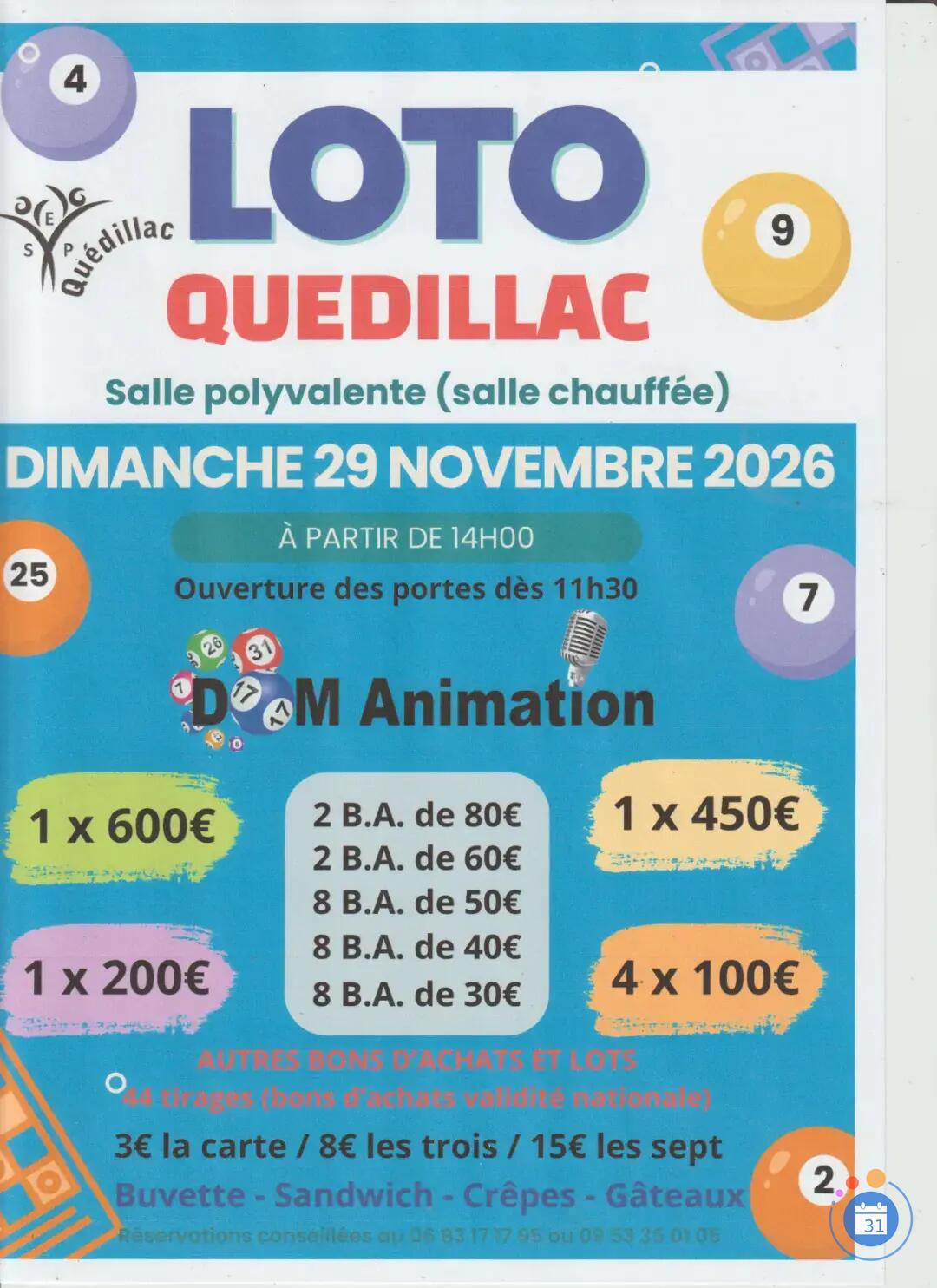 Flyer Super Loto SEP Quédillac animé: Dom Animation
