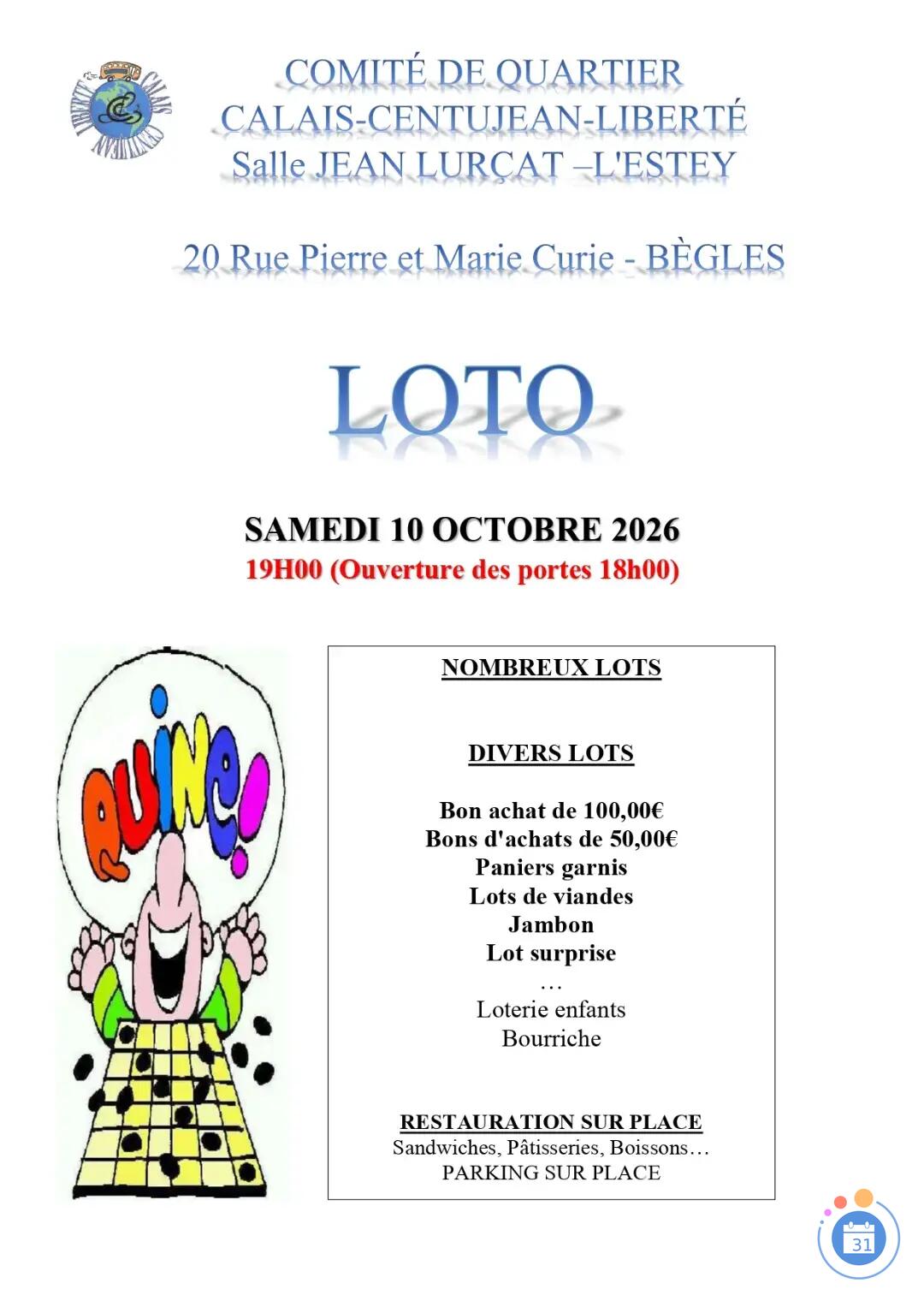 Image LOTO DU COMITE DE QUARTIER CALAIS-CENTUJEAN-LIBERTE (photo 1)