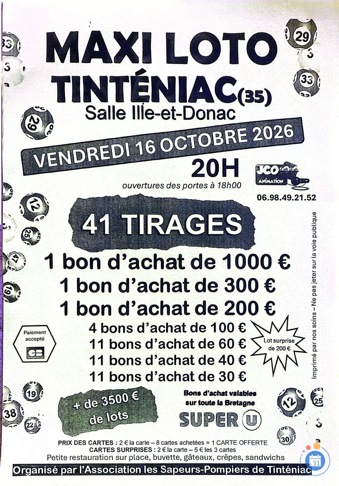 Flyer Super loto Amicale des Sapeurs Pompiers de Tinténiac avec JCO