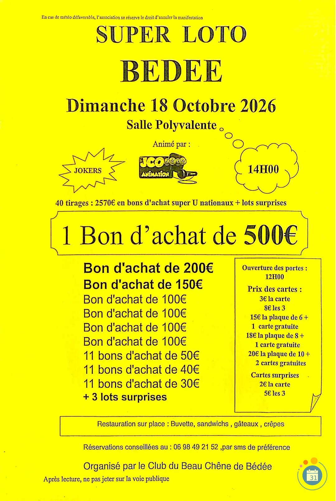 Flyer Super loto du Club du Beau Chêne de Bédée avec JCO