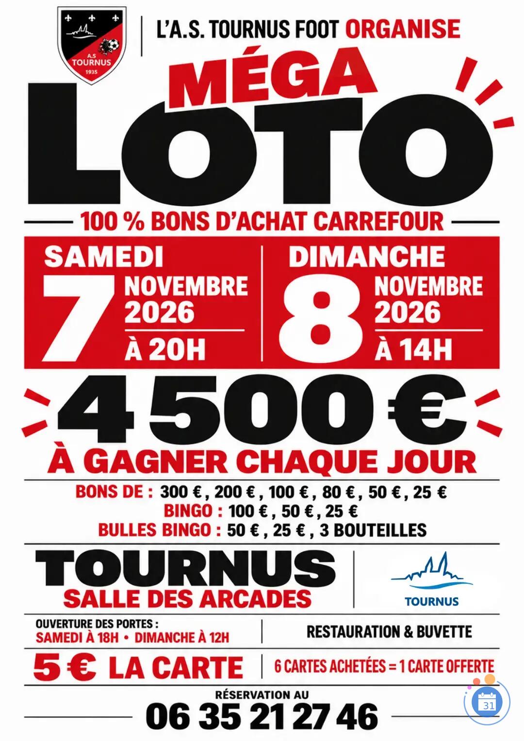 Image MÉGA LOTO – A.S. TOURNUS FOOT 100 % BONS D’ACHAT CARREFOUR (photo 1)