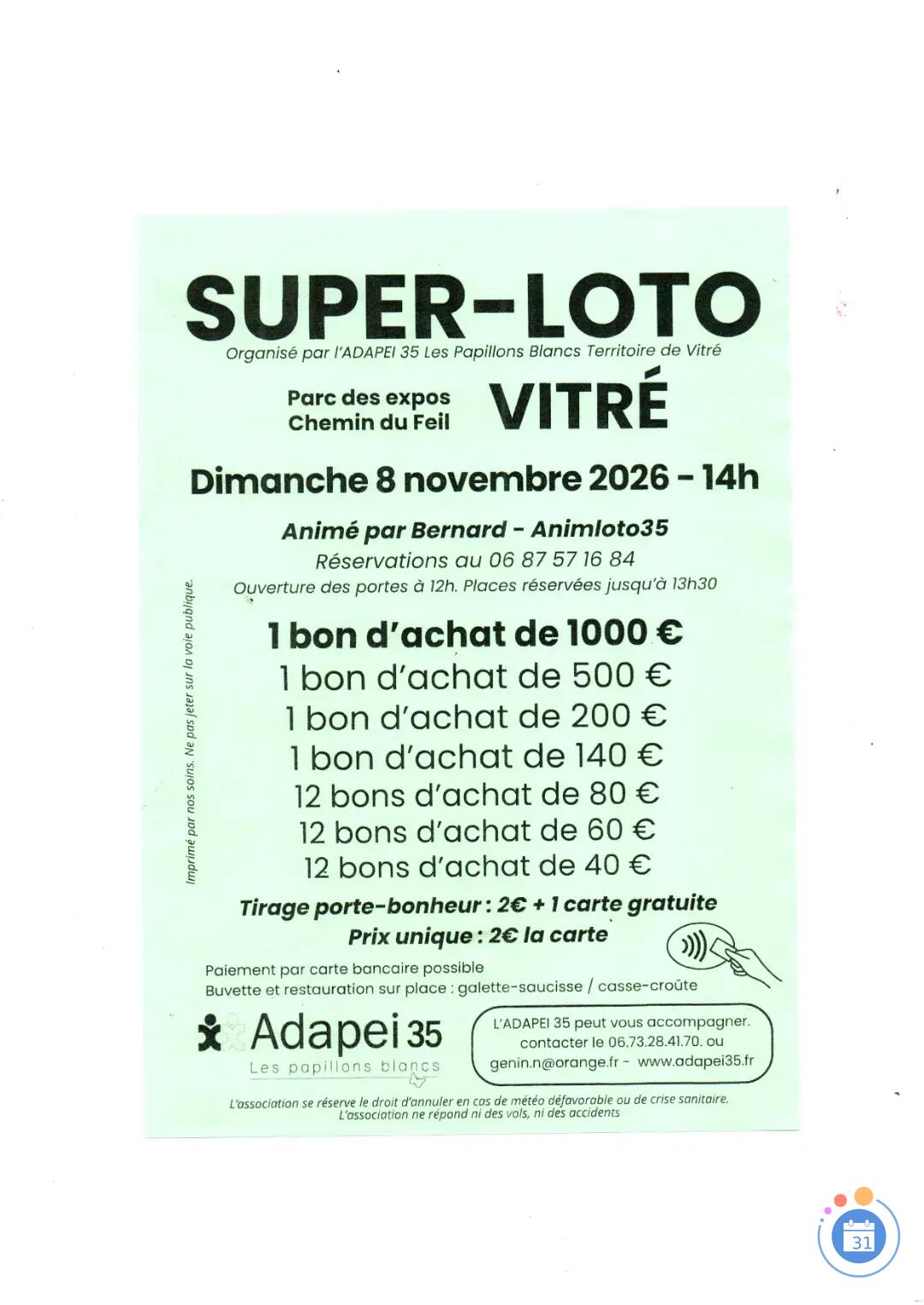 Flyer SUPER LOTO Animé par Animloto35 BERNARD
