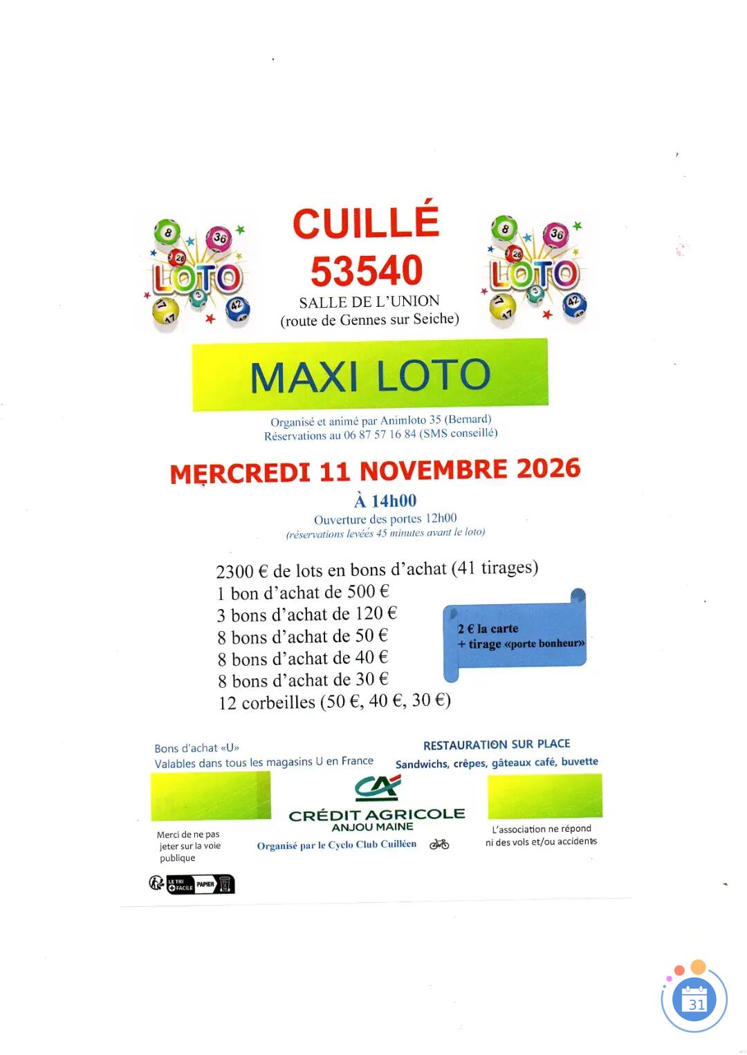 Flyer MAXI LOTO Animé par Animloto35 BERNARD