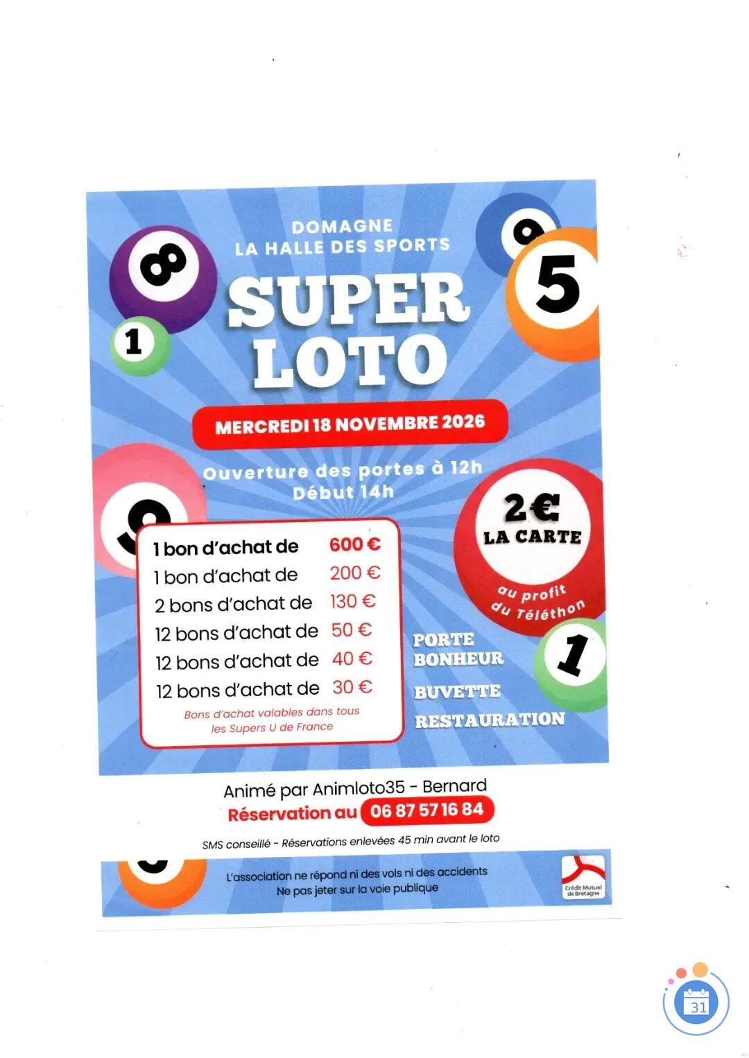 Flyer SUPER LOTO Animé par Animloto35 BERNARD