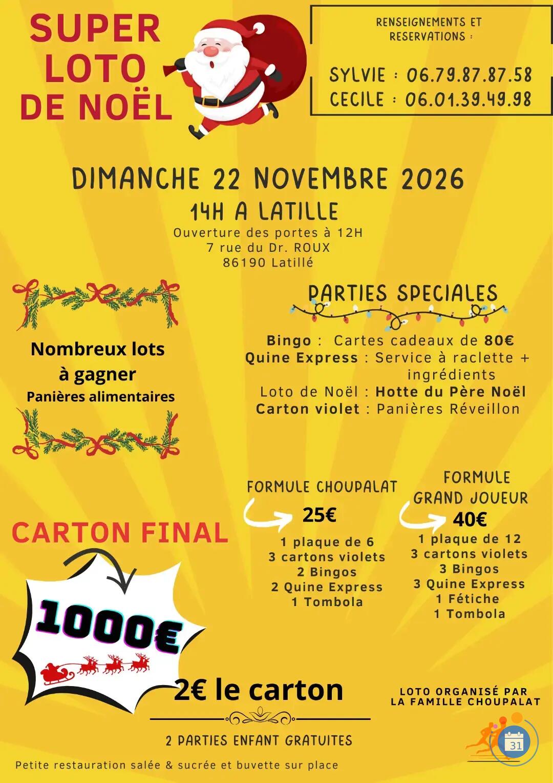 Flyer Super loto de Noël organisé par la Famille Choupalat "Carton final de 1000€