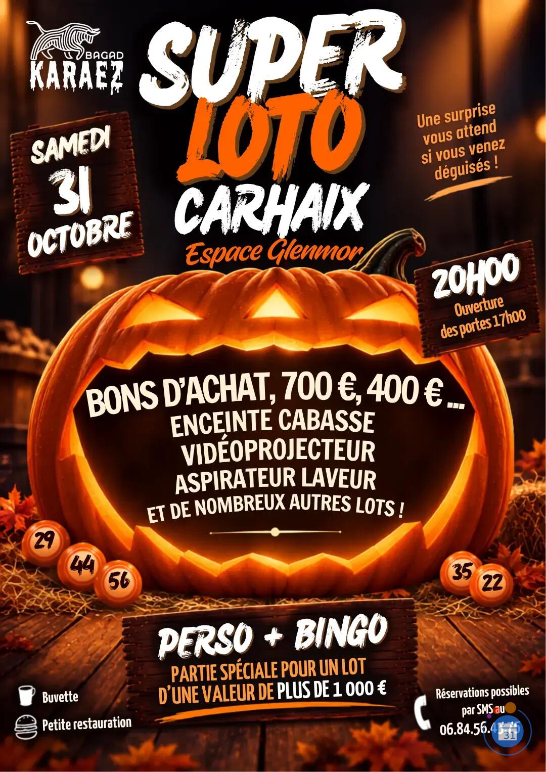 Flyer Super loto d'Halloween du Bagad Karaez animé par Franck