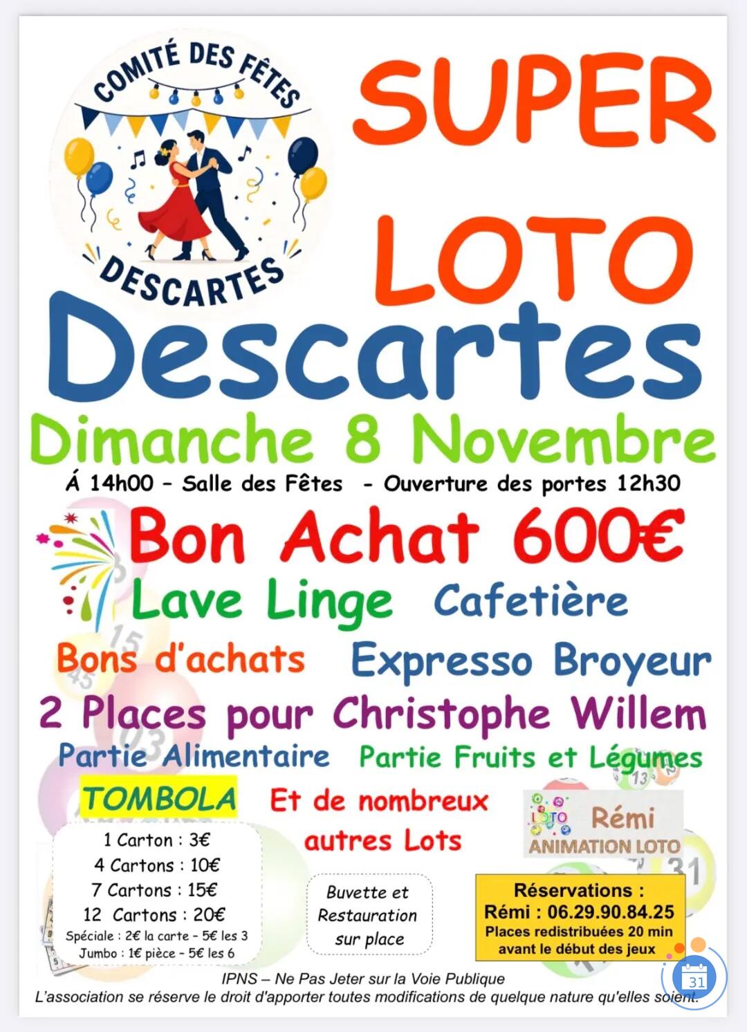 Flyer Super Loto du Comité des Fêtes animé par Rémi