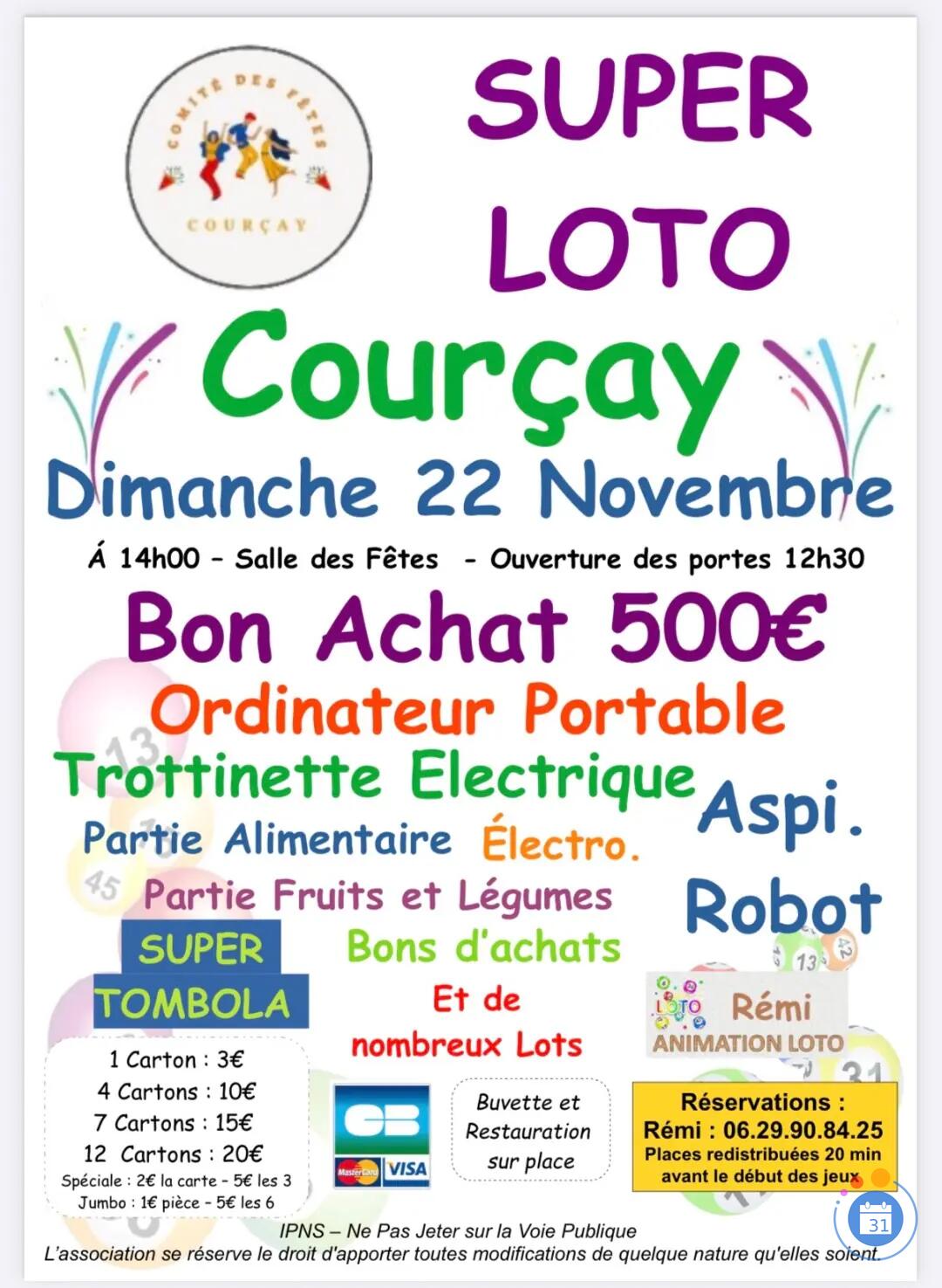 Flyer Super Loto du Comité des Fêtes animé par Rémi