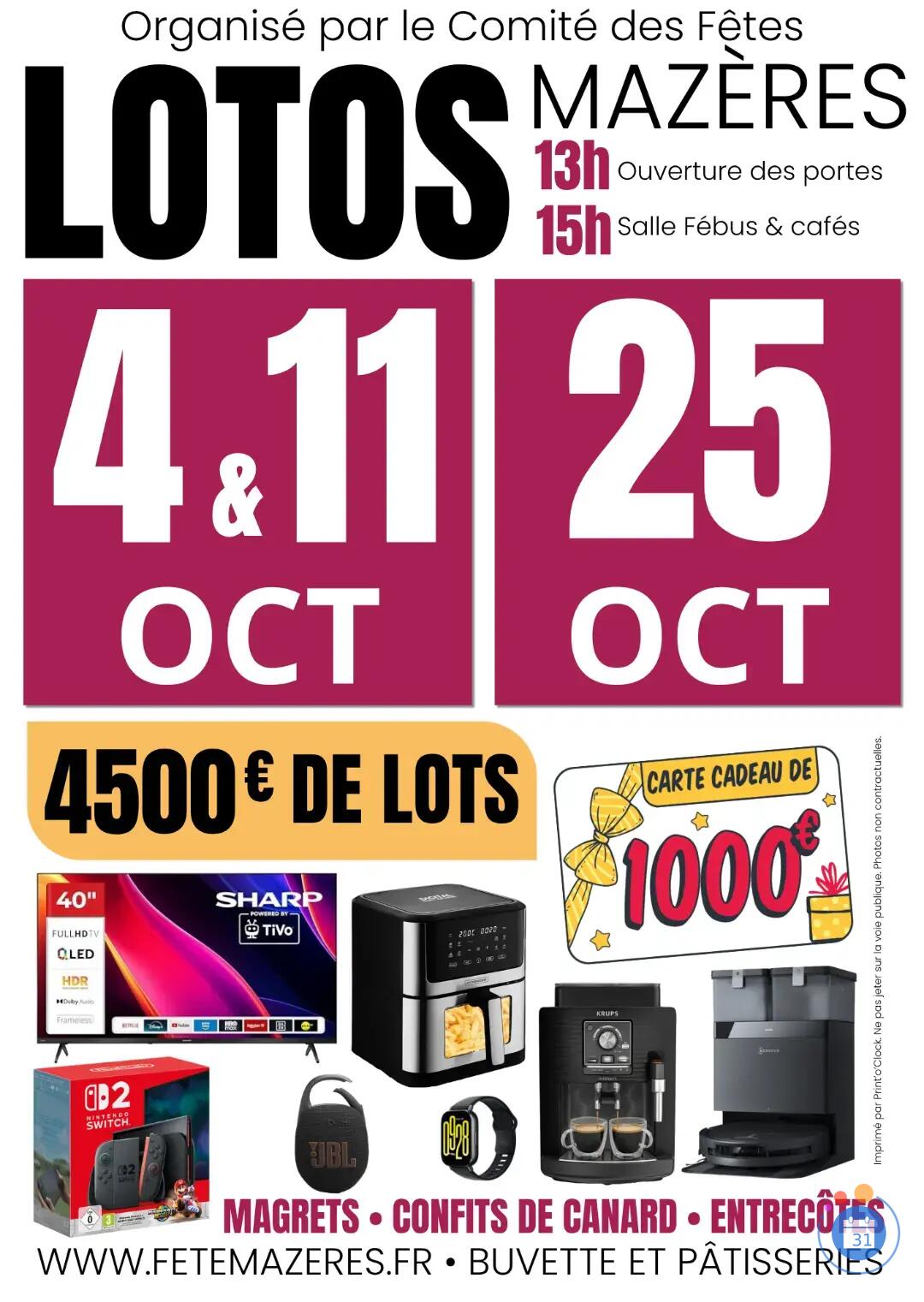Image Grand Loto du comité des fêtes de Mazères – 4500 € de lots (photo 1)