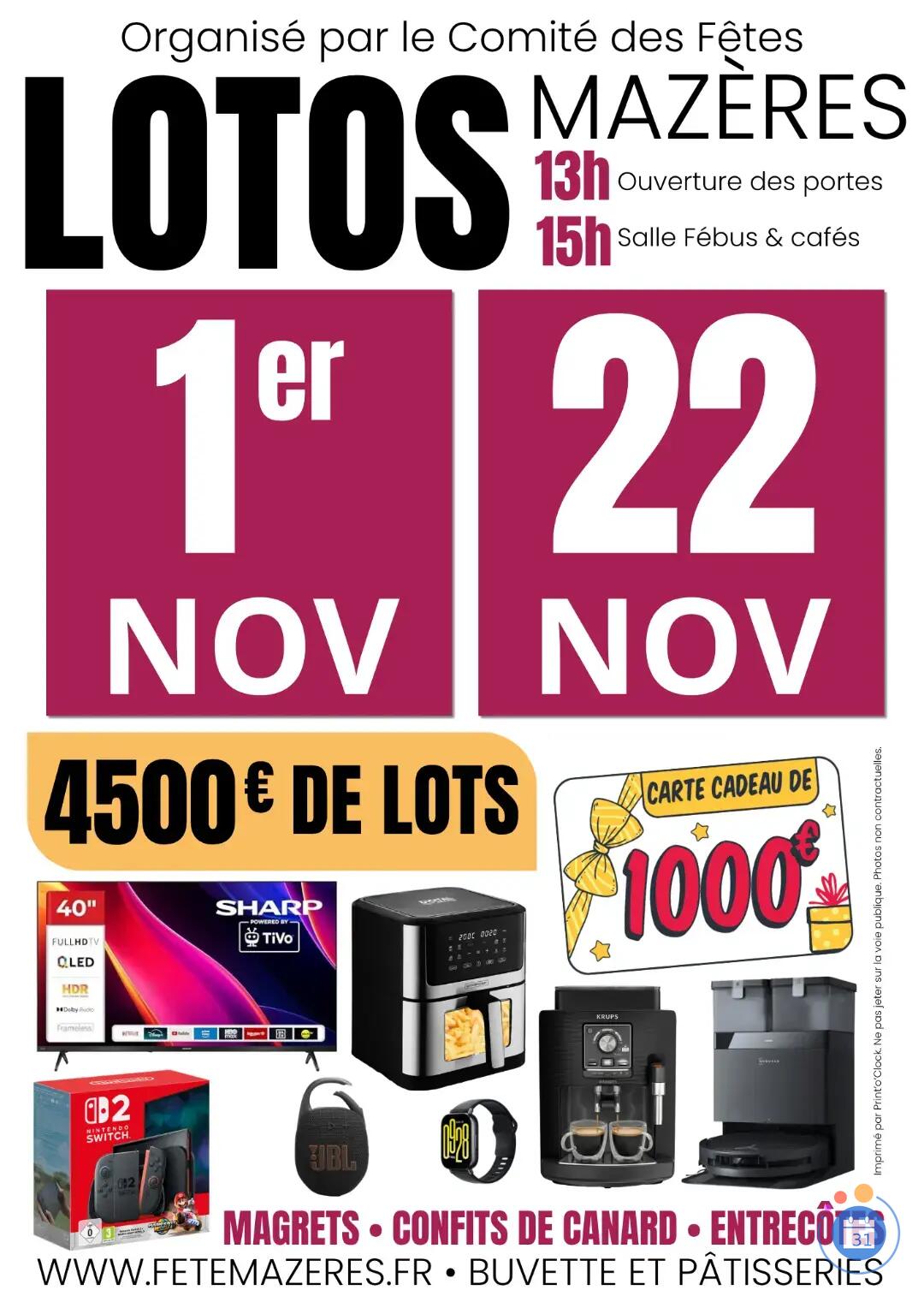 Image Grand Loto du comité des fêtes de Mazères – 4500 € de lots (photo 2)
