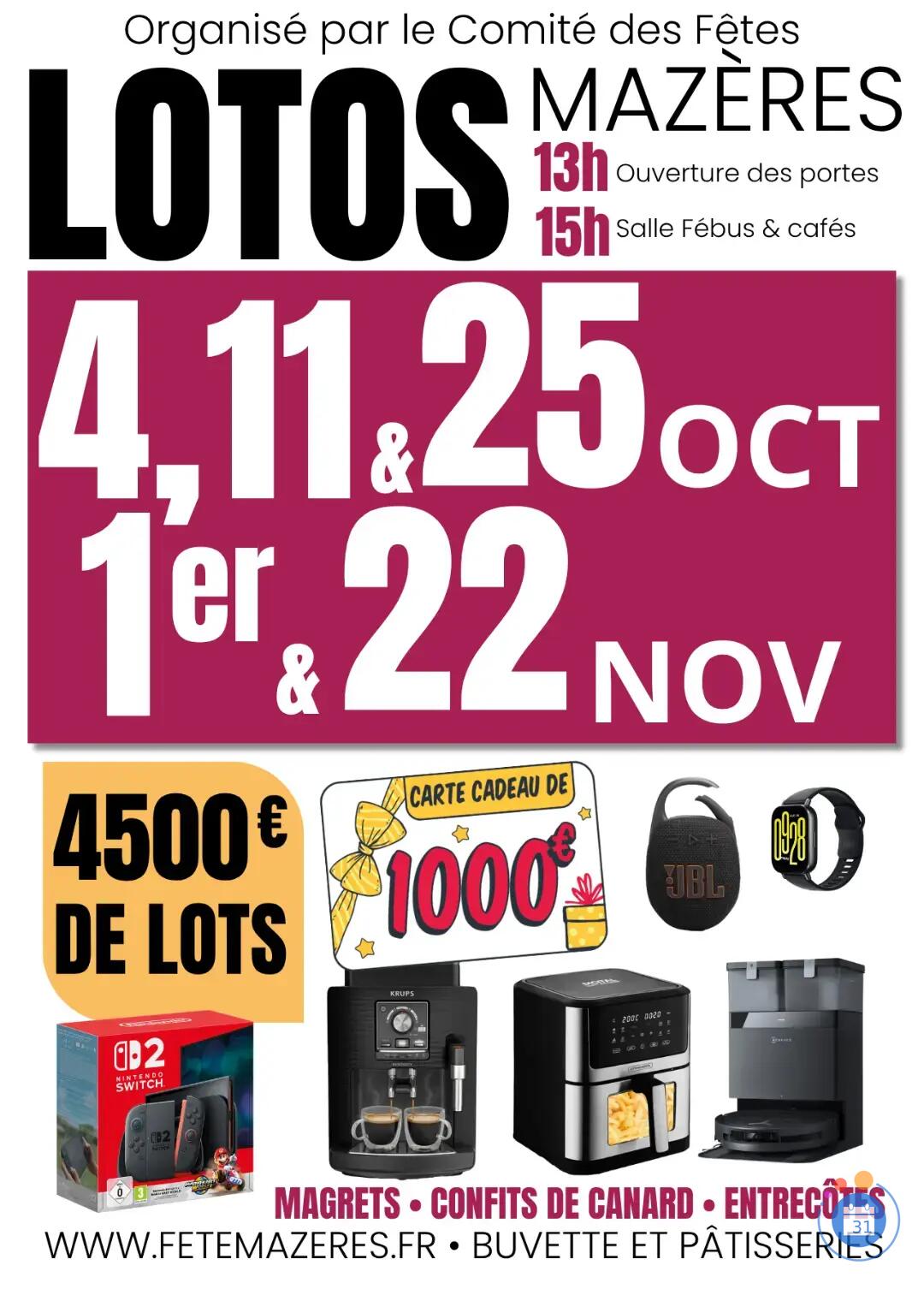 Image Grand Loto du comité des fêtes de Mazères – 4500 € de lots (photo 3)